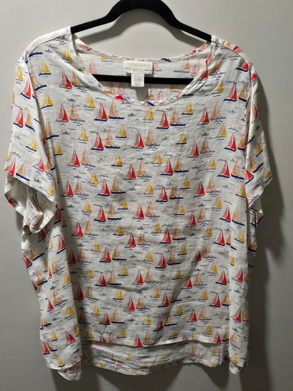 Cynthia Rowley 2X Linen Sailboat Blouse Nautical Coastal High Low Oversized Top